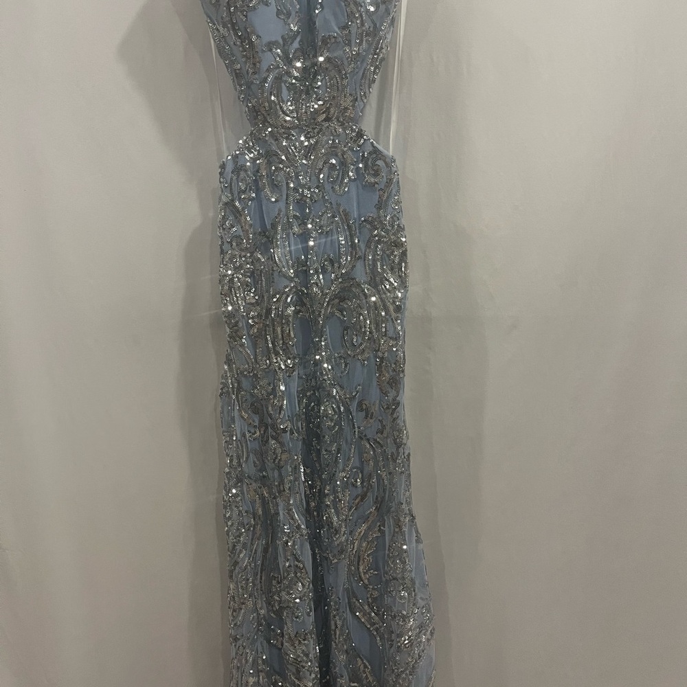 B Darlin Blue and Silver Maxi Dress